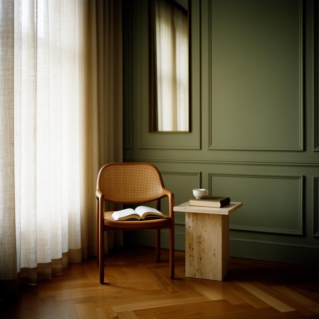 A quiet desk corner — leather journal, sage cup, stone paperweight in morning light