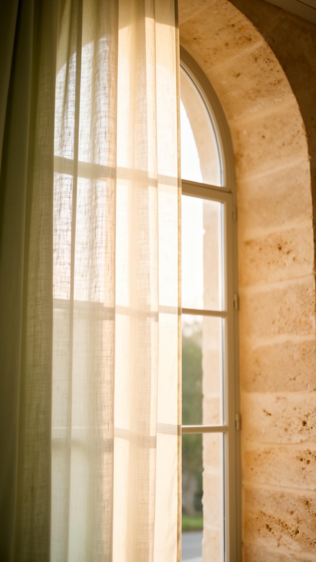 Soft daylight through linen curtains in a stone-walled room